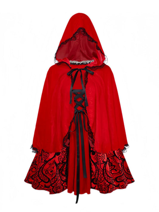 Red 1980s Velvet Lace Sequined Strapless Dress & Cape