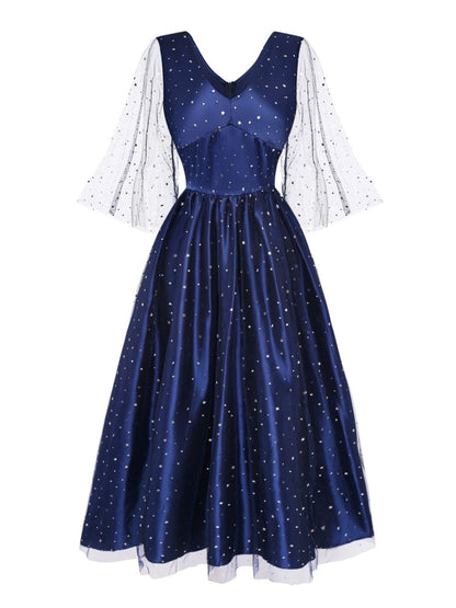 Blue 1970s Halloween Starry Witch Tulle Costume Dress