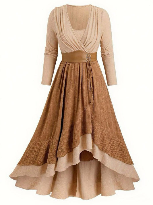 [Plus Size] 1970s Boho Tie Tassel Hem Ruffle Ribbed Dress