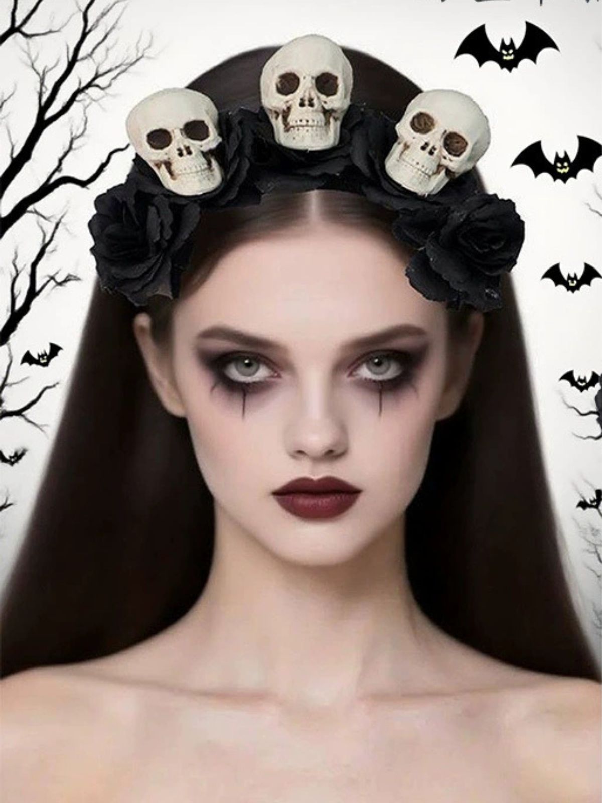 Black Halloween Skull Roses Headband