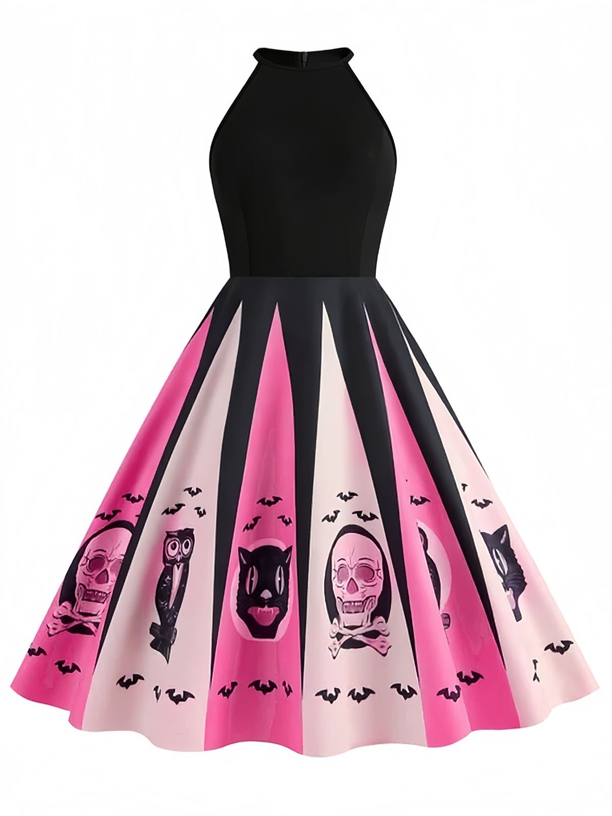 [Pre-Sale] Black&Pink 1950s Halloween Spooky Print Swing Dress