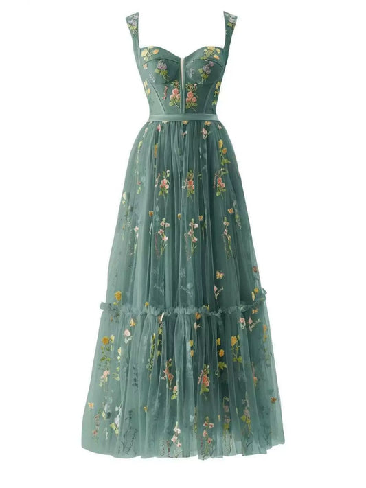 [Plus Size] 1930s Floral Mesh Boned Lace-Up Dress