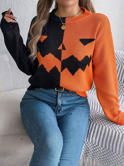 1940s Halloween Pumpkin Face ColorBlock Knit Sweater
