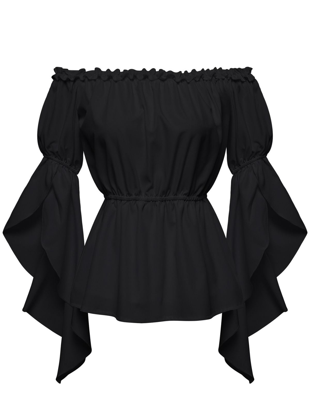 1930s Ruffled Bell Sleeve Off-Shoulder Solid Top
