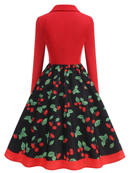 Red 1950s Cherry Print Long Sleeve Swing Dress