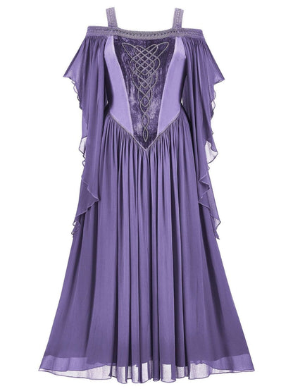 1950s Solid Velvet Mesh Cold Shoulder Dress