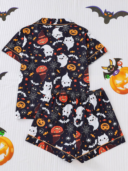 Black 1950s Halloween Print Notched Collar Pajama Set