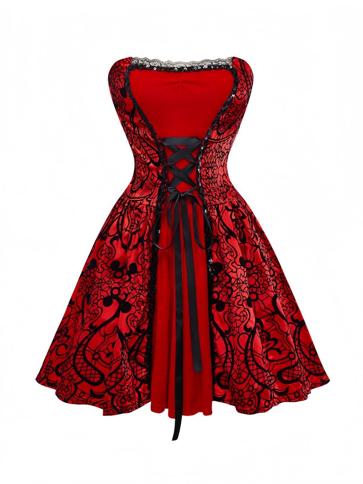 Red 1980s Velvet Lace Sequined Strapless Dress & Cape