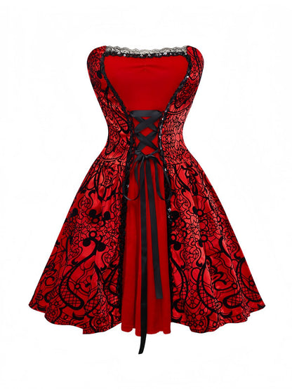 Red 1980s Velvet Lace Sequined Strapless Dress & Cape