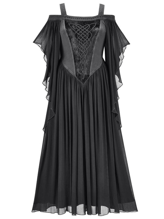 1950s Solid Velvet Mesh Cold Shoulder Dress