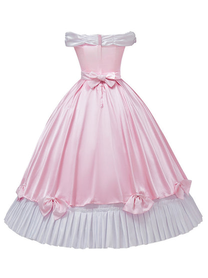 Pink 1950s Off-Shoulder Pleated Satin Bow Princess Dress