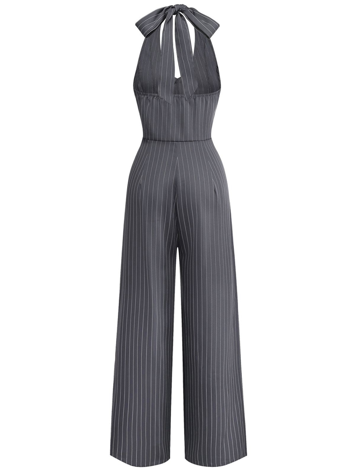1940s V-Neck Halter Buttoned Pinstripe Jumpsuit