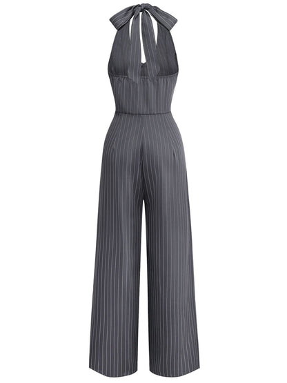 1940s V-Neck Halter Buttoned Pinstripe Jumpsuit