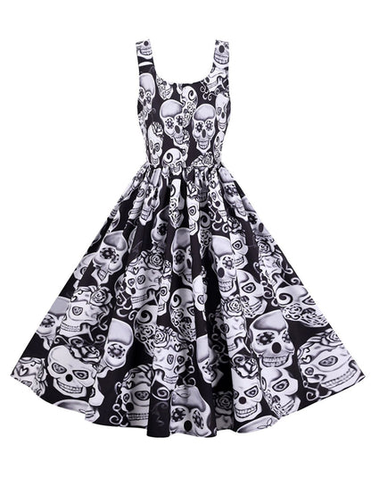 1950s Halloween Skull Sleeveless Swing Dress
