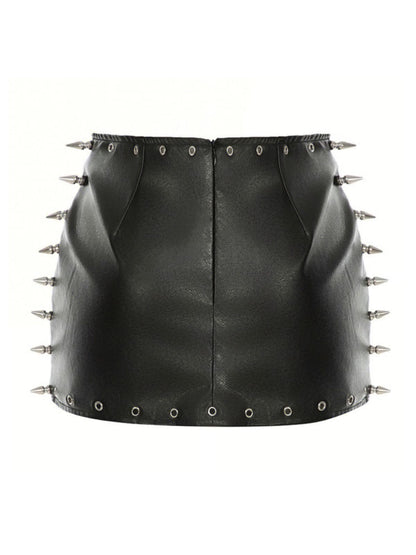 Black 1970s Gothic Punk Spike Leather Mini Skirt