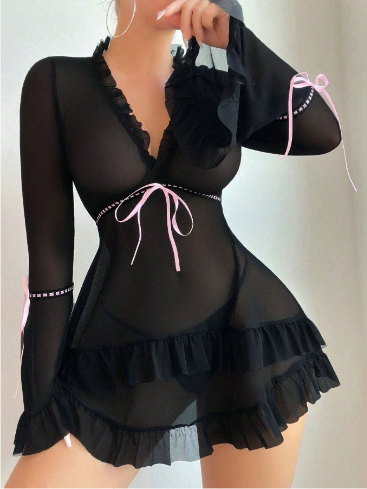 Black 1970s Bowknot Ruffled Sheer Nightdress