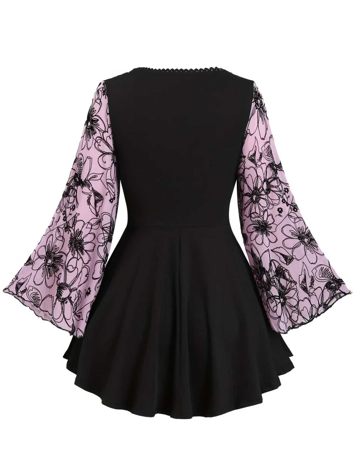 [Plus Size] 1960s Flared Sleeve Drawstring Floral Blouse