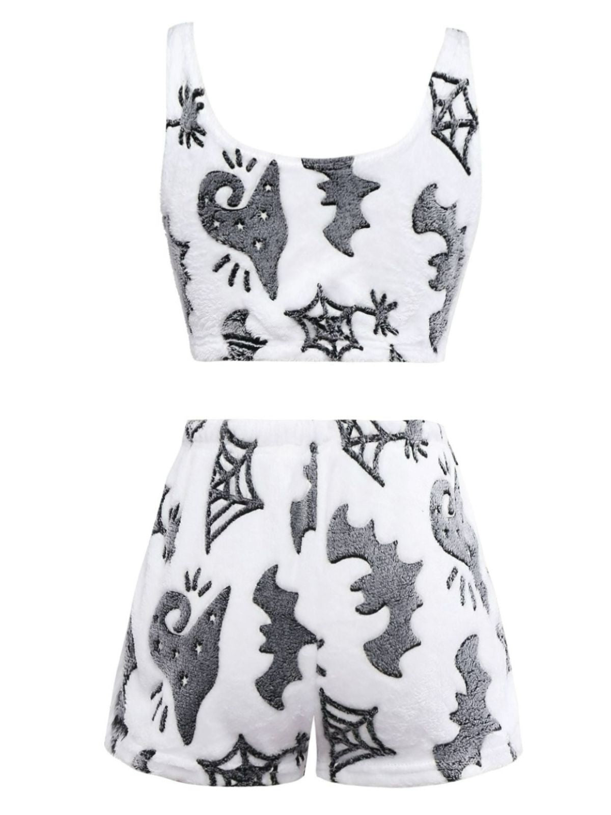 2PCS White 1970s Glowing Halloween Spider Flannel Pajama Set