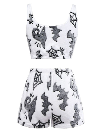 2PCS White 1970s Glowing Halloween Spider Flannel Pajama Set