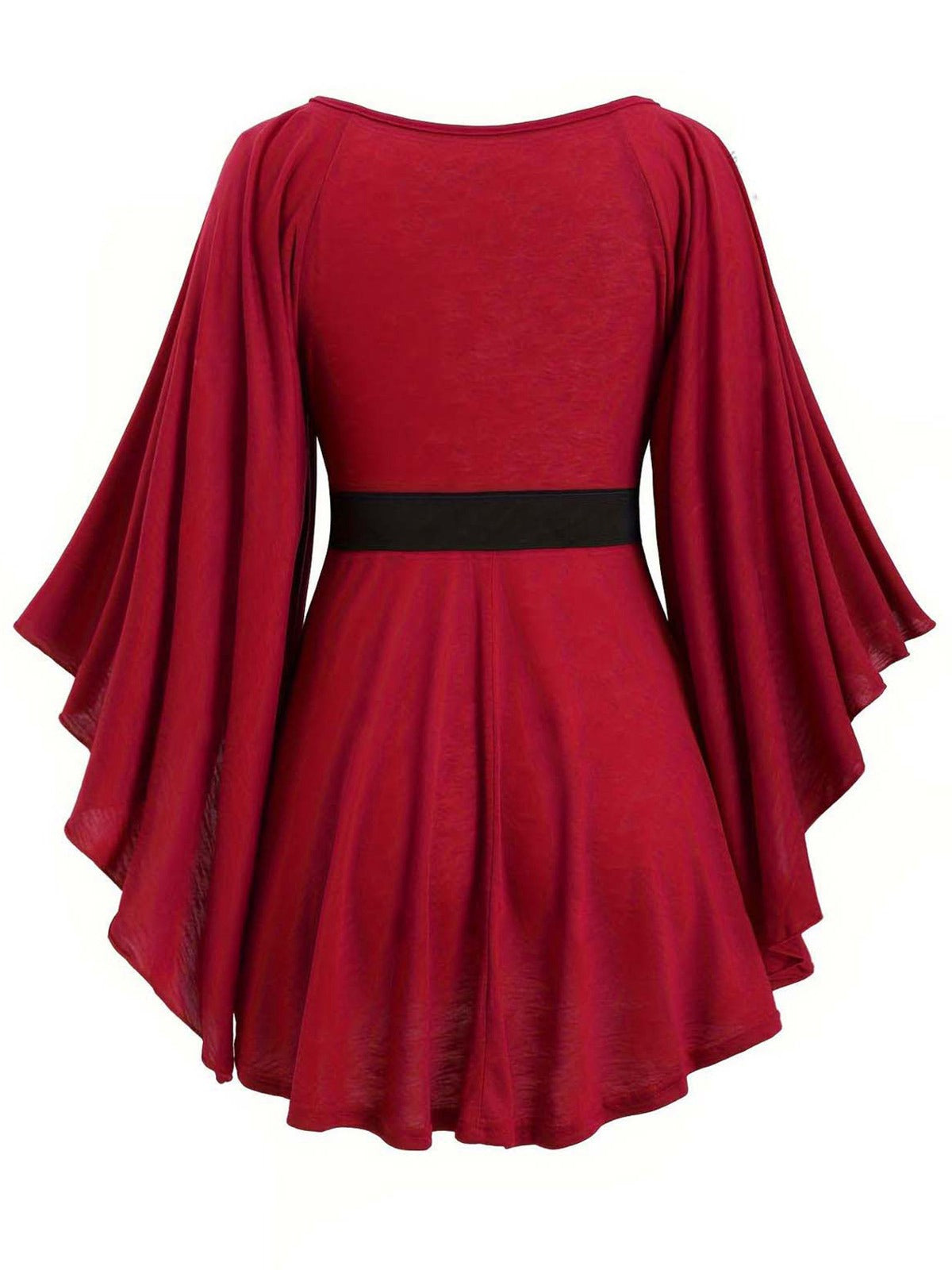 [Plus Size] Deep Red 1970s Batwing Sleeve Ruffled Top