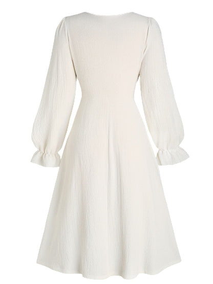 [Plus Size] Beige 1940s Floral Ruffle Sleeve Patchwork Dress