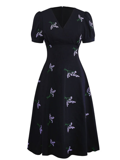 Black 1940s Purple Floral Embroidered V-Neck Dress
