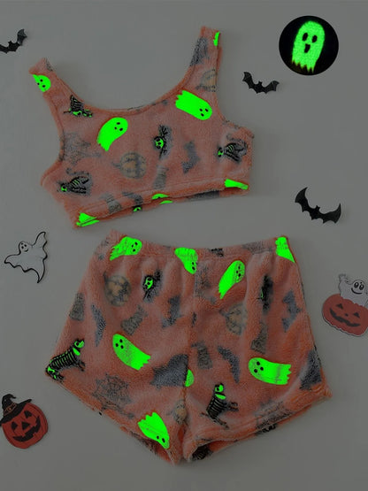 2PCS Orange 1970s Glowing Halloween Ghost Flannel Pajama Set