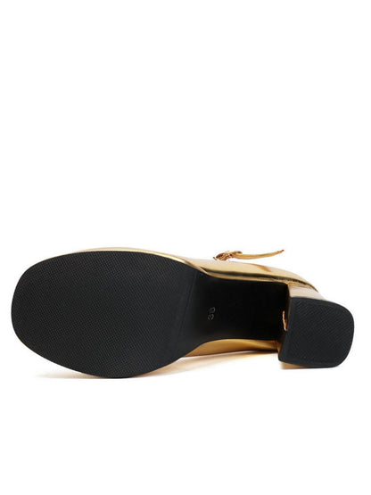 Metallic Square Toe Block Buckle Heels