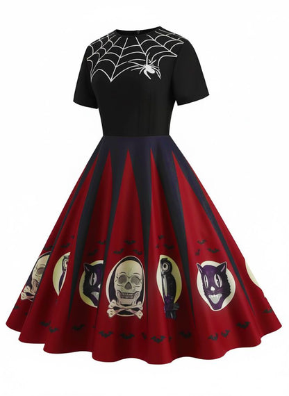 [Pre-Sale] 1950s Halloween Spider Web Print Patchwork Dress
