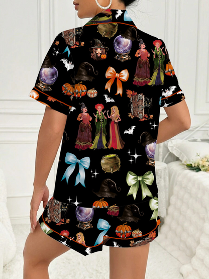 1970s Halloween Witch Print Satin Pajama Set