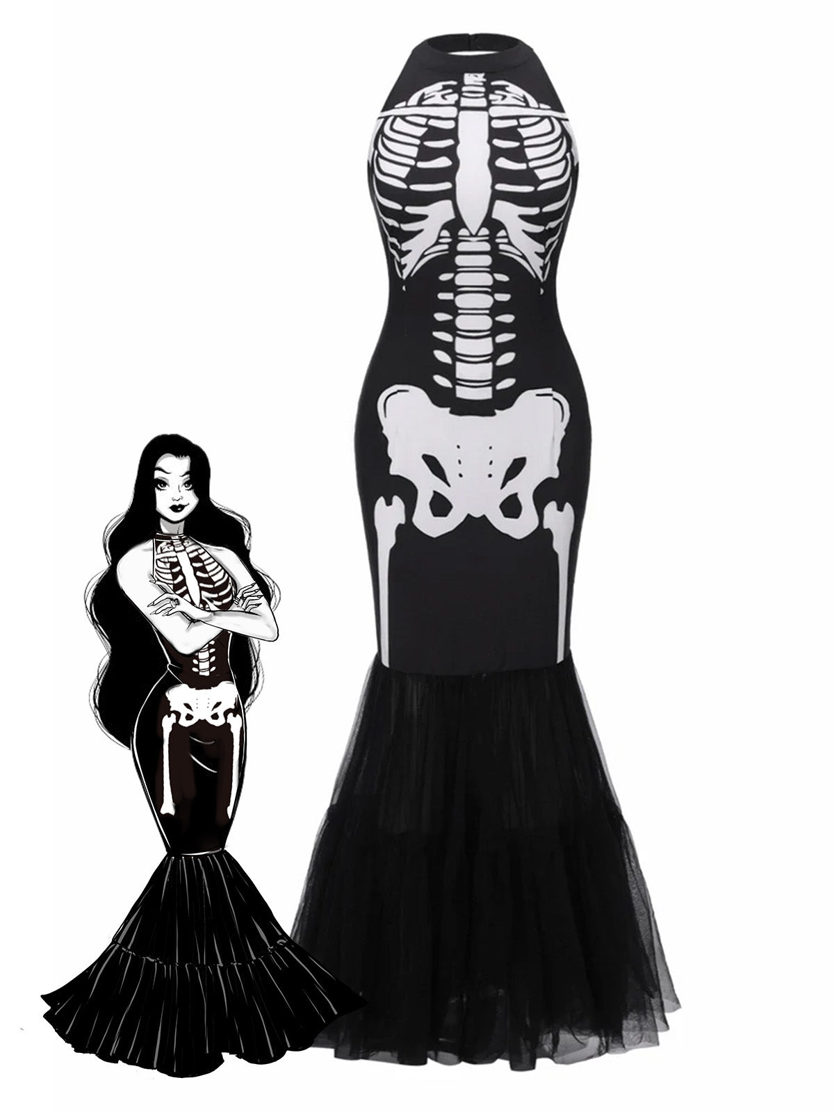 [Pre-Sale] Black & White 1930s Halter Skull Mesh Fishtail Dress