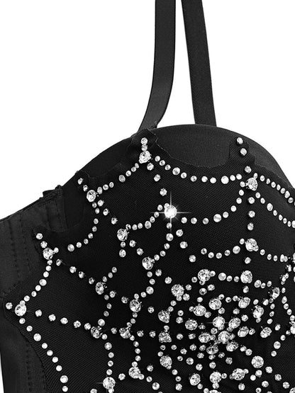 [Pre-Sale] Black 1970s Rhinestone Spider Web Crop Top
