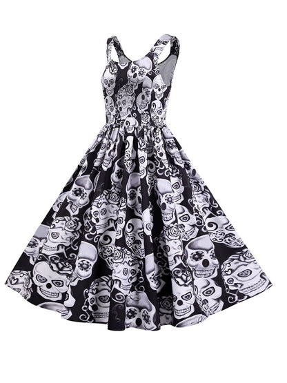 1950s Halloween Skull Sleeveless Swing Dress