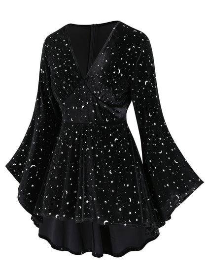 [Plus Size] Black 1960s Star V-Neck Velvet Dress