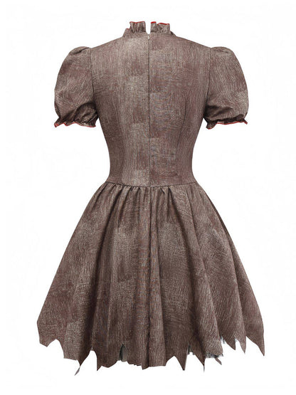 Brown 1960s Halloween Heart Patch Evil Doll Tattered Dress