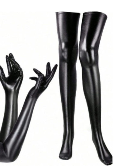Halloween Black PU Leather Gloves & Thigh High Socks Set