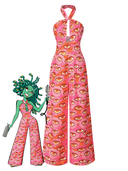 [Pre-Sale] Pink 1960s Halter Cutout Psychedelic Eye Jumpsuit