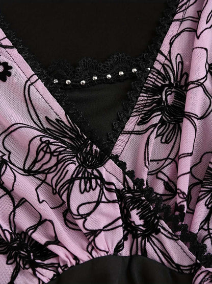 [Plus Size] 1960s Flared Sleeve Drawstring Floral Blouse