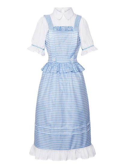 Blue 1970s Gingham Ruffle Puff Sleeve Costume Dress