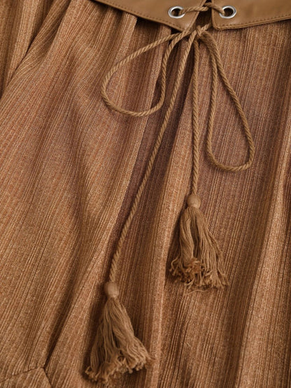[Plus Size] 1970s Boho Tie Tassel Hem Ruffle Ribbed Dress