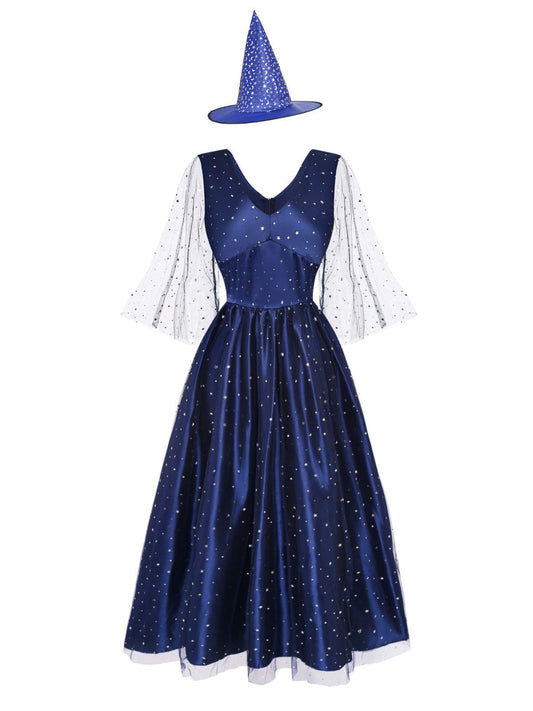 Blue 1970s Halloween Starry Witch Tulle Costume Dress