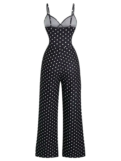 1940s Polka Dot Lace Trim Strap Jumpsuit