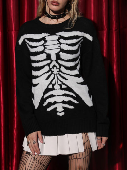 Black 1950s Halloween Skeleton Print Knit Sweater