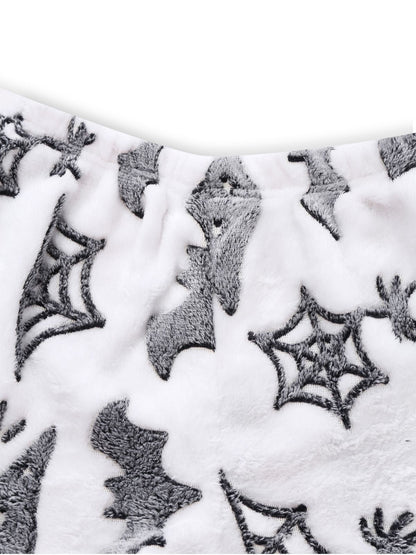 2PCS White 1970s Glowing Halloween Spider Flannel Pajama Set