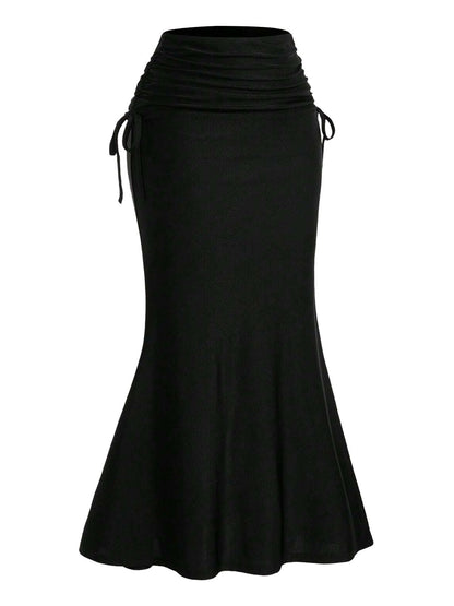 Black 1960s Gothic Ruched Mermaid Maxi Skirt