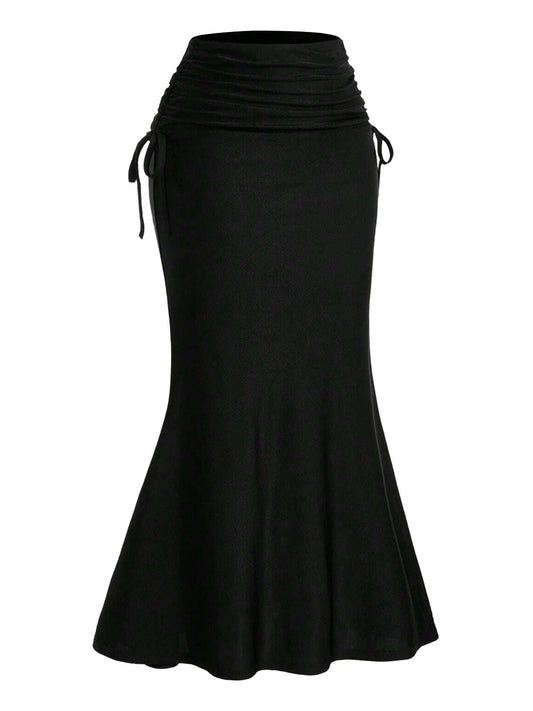 Black 1960s Gothic Ruched Mermaid Maxi Skirt