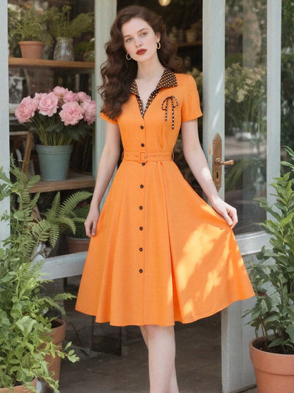 [Pre-Sale] Orange 1940s Cotton Polka Dot Lapel Bow Dress