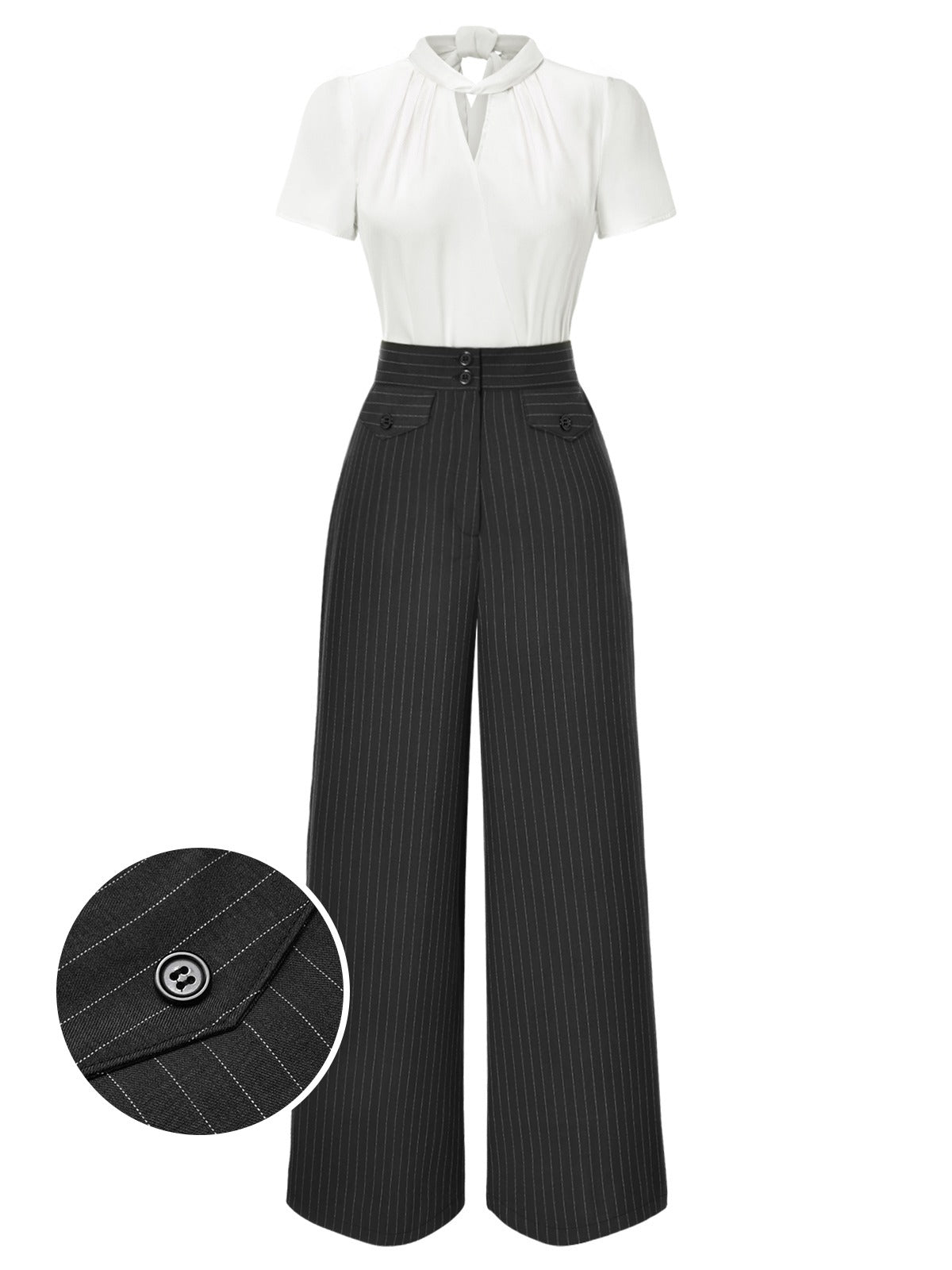 2PCS 1930s White Satin Blouse & Gray Pinstripes Pants