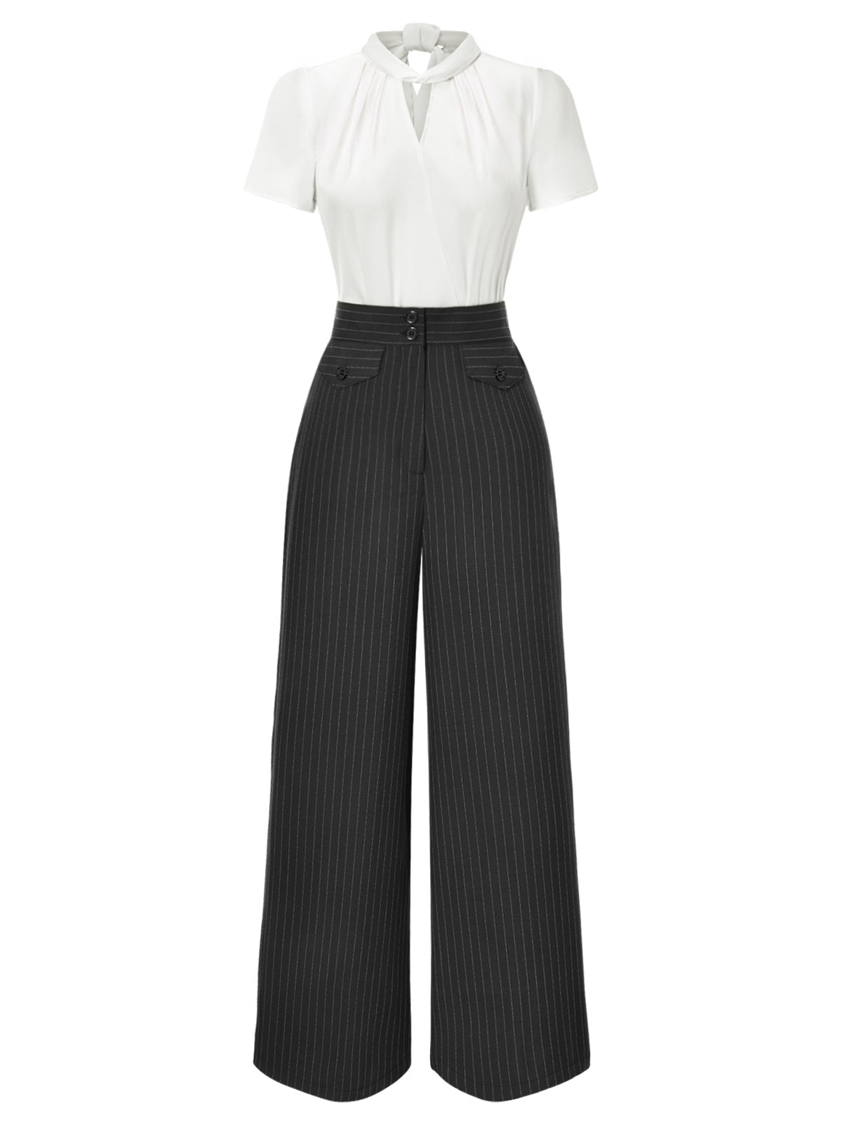 2PCS 1930s White Satin Blouse & Gray Pinstripes Pants