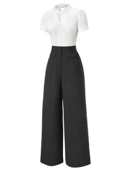 2PCS 1930s White Satin Blouse & Gray Pinstripes Pants